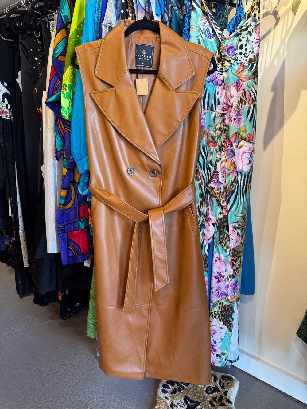 Bagatelle Faux Leather Sleeveless Trench Coat - Tan